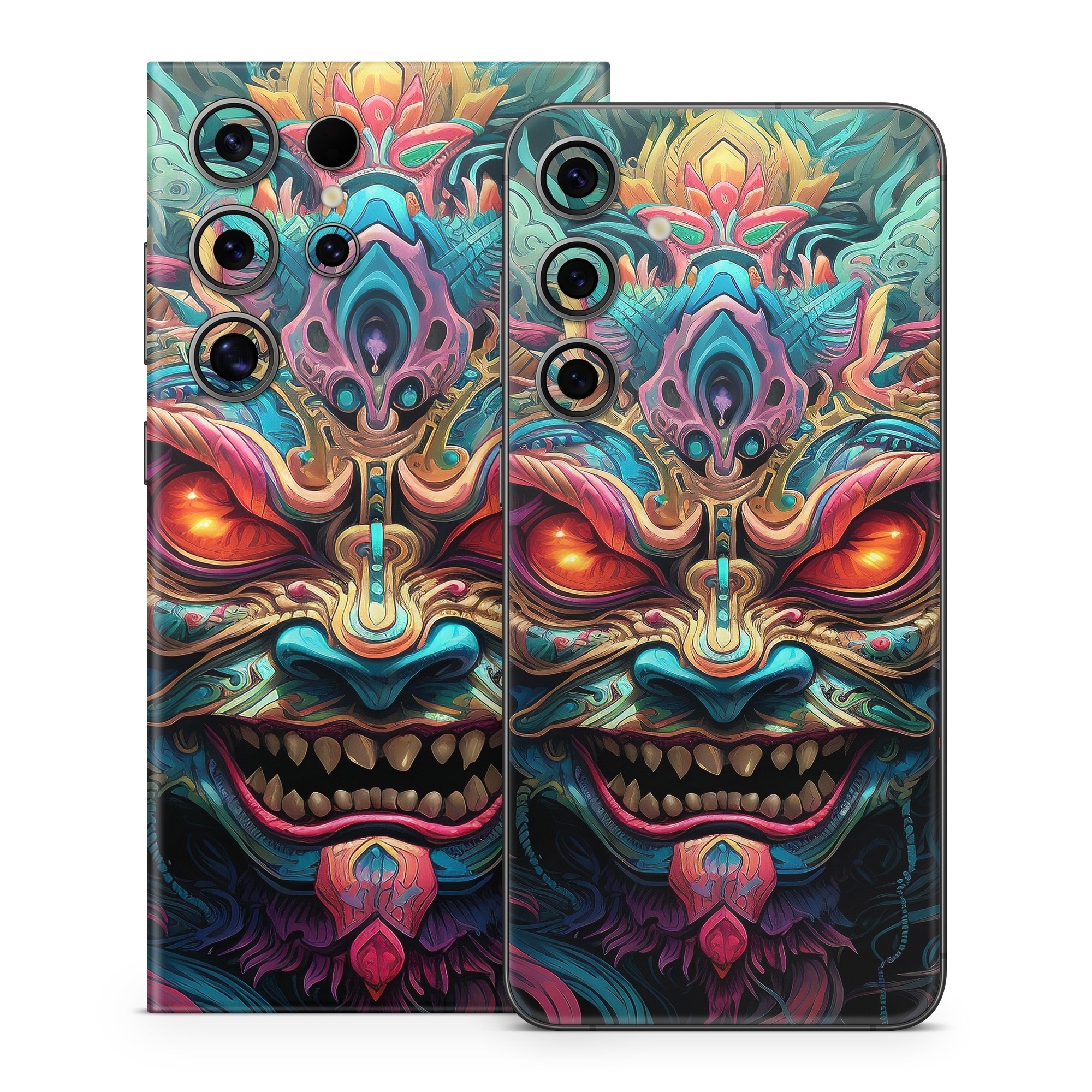 Samsung Galaxy S24 Series Skin design of Head, Eye, Human body, Art, Painting, Symmetry, Pattern, Paint, Magenta, Visual arts, with green, blue, yellow, orange, red, white, purple, black, gray colors