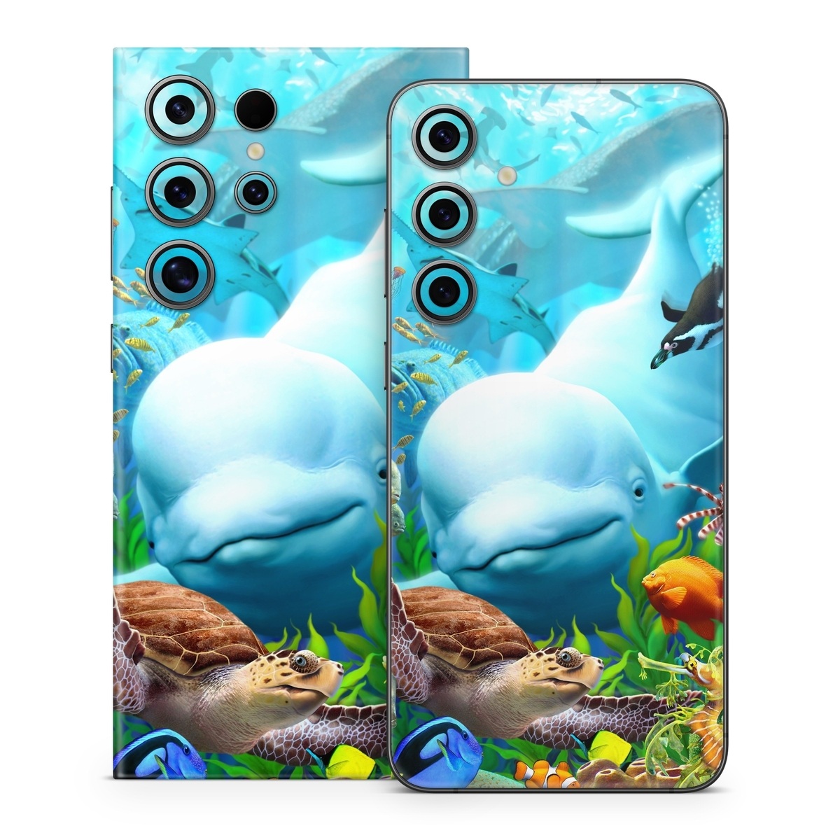 Samsung Galaxy S24 Series Skin design of Green, Blue, Azure, Natural environment, Underwater, Organism, Mammal, Art, Marine biology, Aqua, with blue, green, red, white, brown, yellow, orange, blue colors