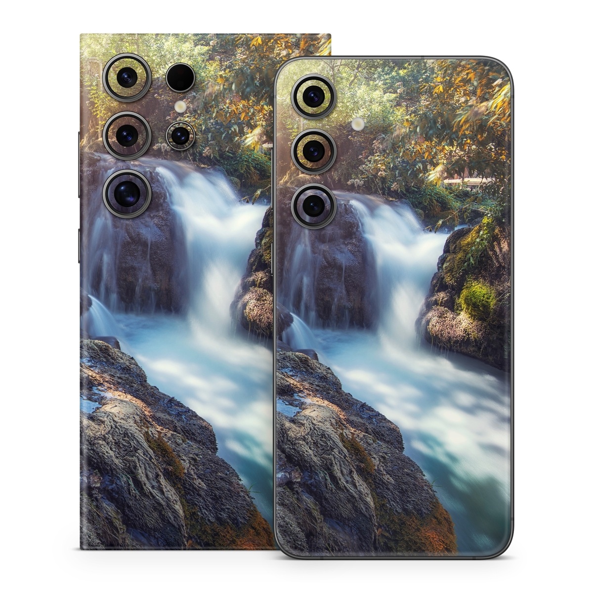 Samsung Galaxy S24 Series Skin design of Waterfall, Natural landscape, Body of water, Nature, Water resources, Water, Watercourse, Stream, Nature reserve, Rock, with gray, yellow, orange, green, white, blue colors