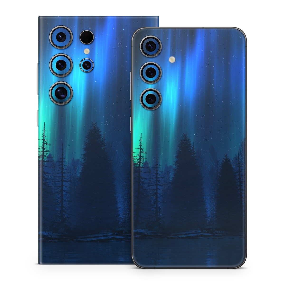 Samsung Galaxy S24 Series Skin design of Blue, Light, Natural environment, Tree, Sky, Forest, Darkness, Aurora, Night, Electric blue, with black, blue colors