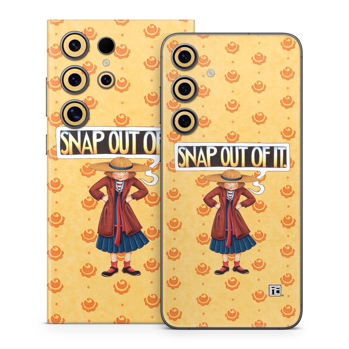 Samsung Galaxy S24 Series Skin design of Cartoon, Illustration, Poster, Animated cartoon, Fiction, Anime, Art, Fictional character, Games, with pink, orange, black, red, gray, white colors