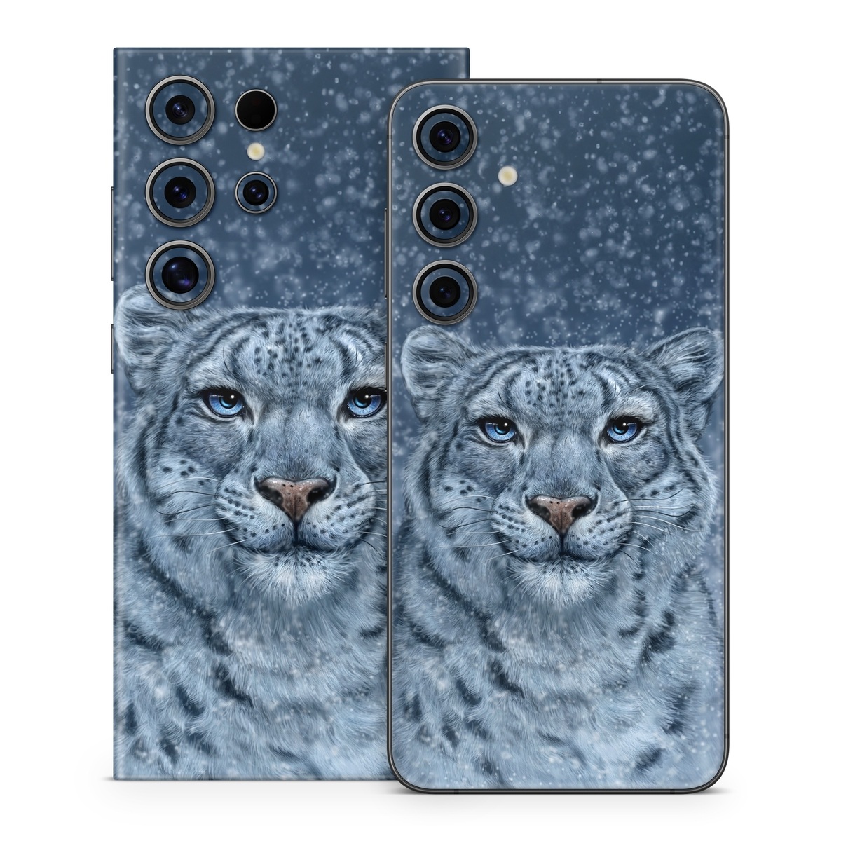 Samsung Galaxy S24 Series Skin design of Snow, Carnivore, Felidae, Whiskers, Terrestrial animal, Snout, Big cats, Painting, Fur, Illustration, with white, black, blue, gray colors