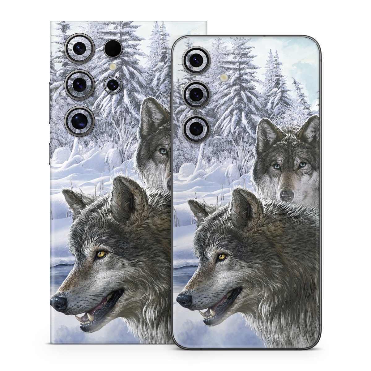 Samsung Galaxy S24 Series Skin design of Mammal, Vertebrate, Wolf, Canidae, canis lupus tundrarum, Canis, Wildlife, Carnivore, Wolfdog, Dog, with gray, black, blue, purple colors