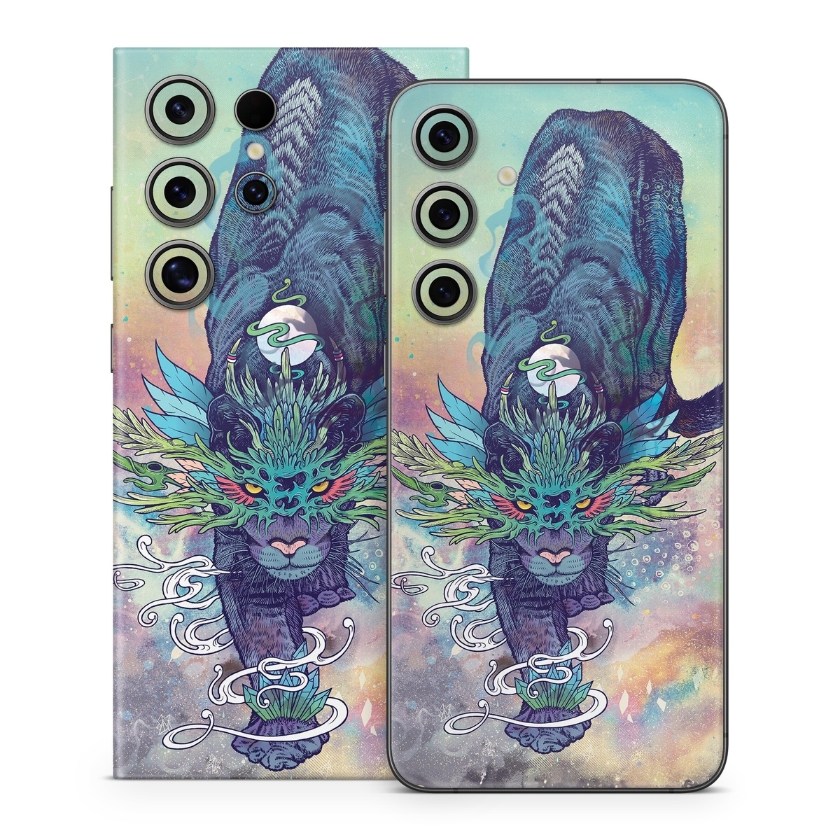 Samsung Galaxy S24 Series Skin design of Illustration, Fictional character, Graphic design, Demon, Art, Fiction, Cg artwork, Supernatural creature, with blue, green, black, white, yellow, orange, pink, purple colors