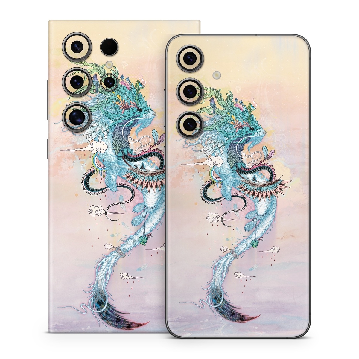 Samsung Galaxy S24 Series Skin design of Illustration, Water, Watercolor paint, Art, Fictional character, Graphic design, Mythology, Visual arts, Painting, Drawing, with yellow, pink, blue, green colors