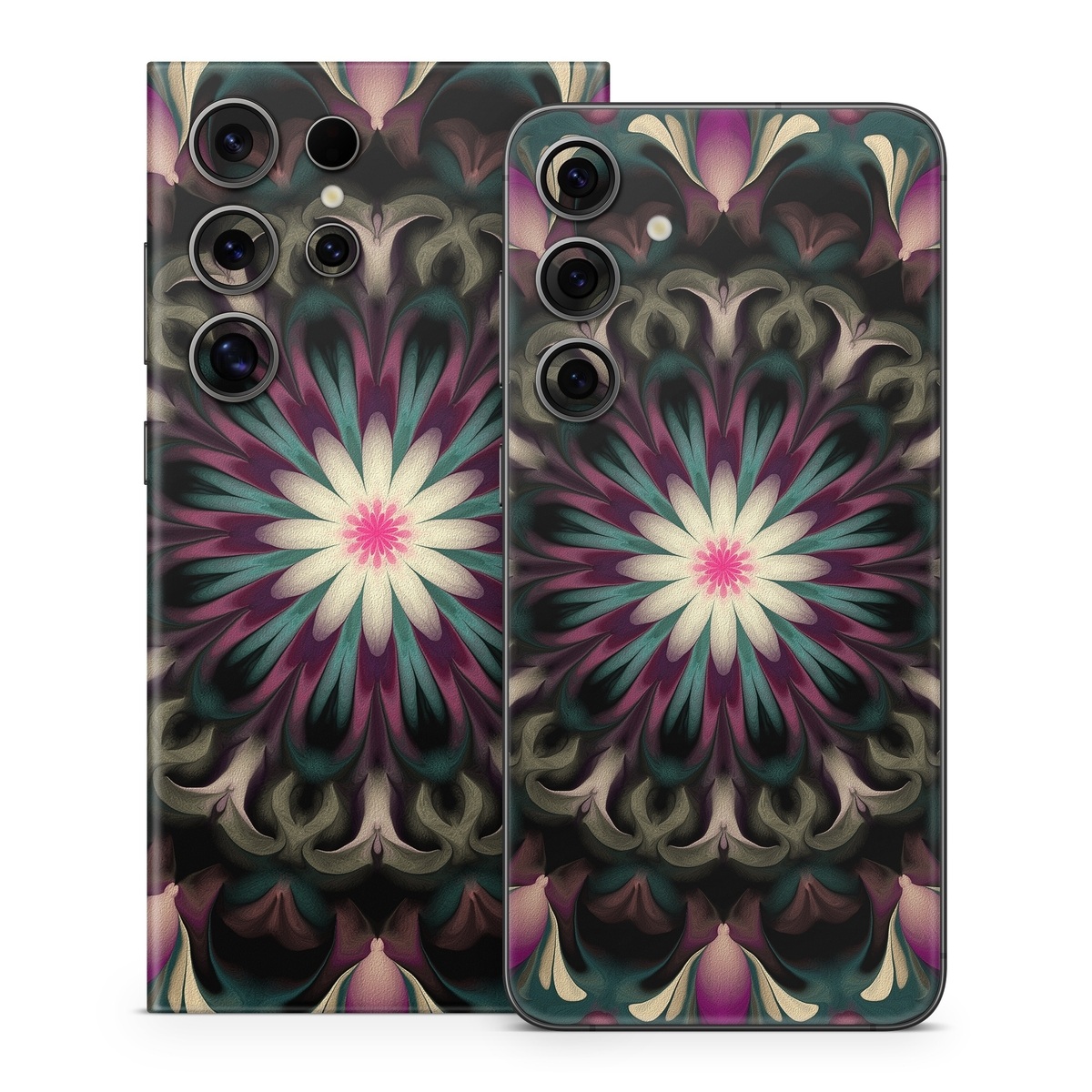 Samsung Galaxy S24 Series Skin design of Fractal art, Pattern, Pink, Psychedelic art, Art, Kaleidoscope, Design, Symmetry, Visual arts, Textile, with black, purple, white, green, blue colors