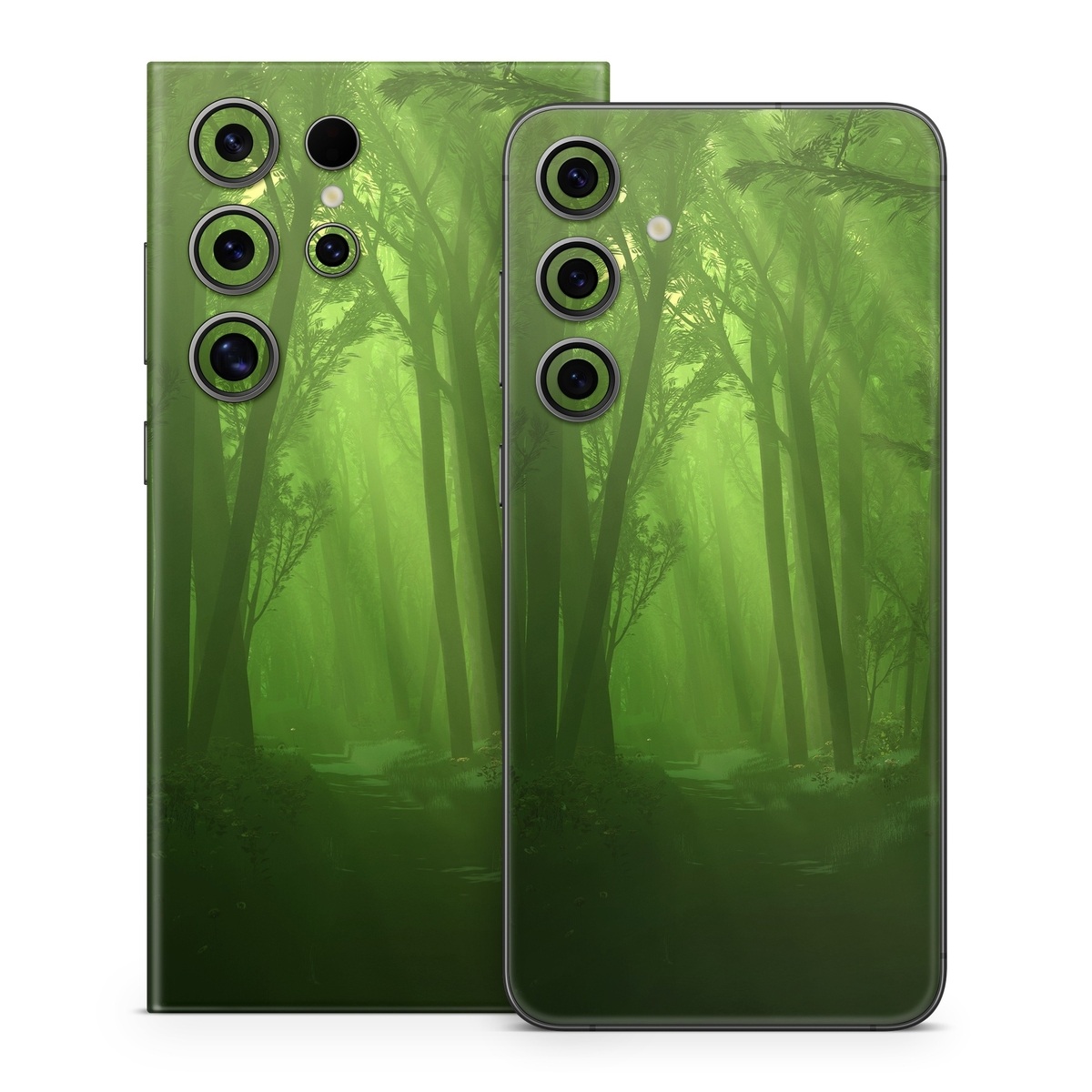 Samsung Galaxy S24 Series Skin design of Nature, Green, Forest, Old-growth forest, Woodland, Natural environment, Vegetation, Tree, Natural landscape, Atmospheric phenomenon, with black, green colors