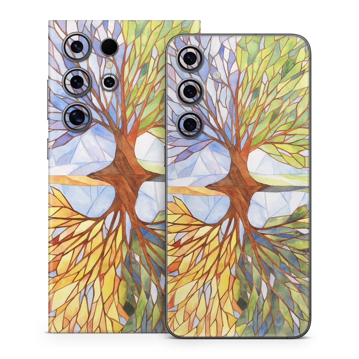 Samsung Galaxy S24 Series Skin design of Leaf, Tree, Botany, Plant, Symmetry, Art, Pattern, Painting, Plant stem, Plane, with blue, brown, orange, yellow, red, purple colors