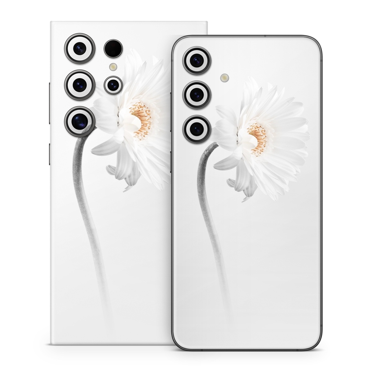 Samsung Galaxy S24 Series Skin design of White, Hair accessory, Headpiece, Gerbera, Petal, Flower, Plant, Still life photography, Headband, Fashion accessory, with white, gray colors