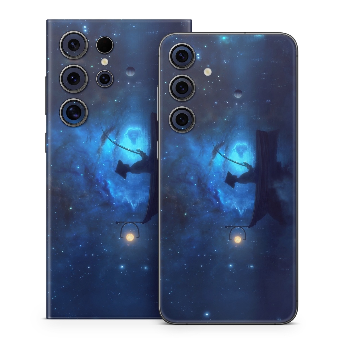 Samsung Galaxy S24 Series Skin design of Sky, Night, Atmosphere, Light, Atmospheric phenomenon, Darkness, Screenshot, Space, Midnight, Moonlight, with white, blue, black, green, orange colors