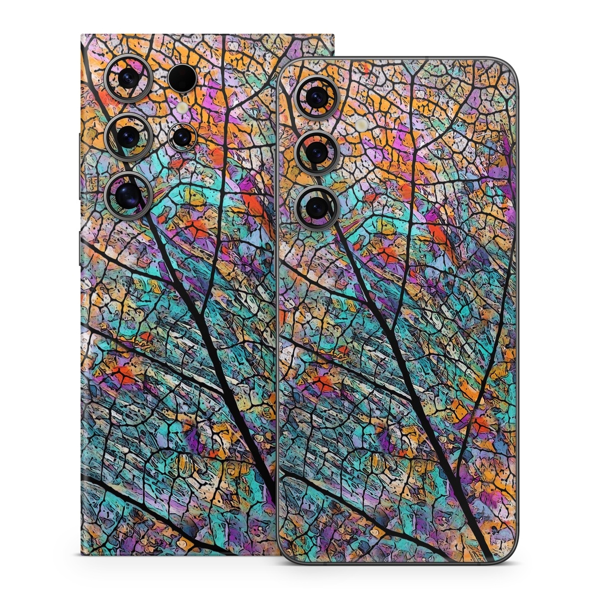 Samsung Galaxy S24 Series Skin design of Pattern, Colorfulness, Line, Branch, Tree, Leaf, Design, Visual arts, Glass, Plant, with black, gray, red, blue, green colors