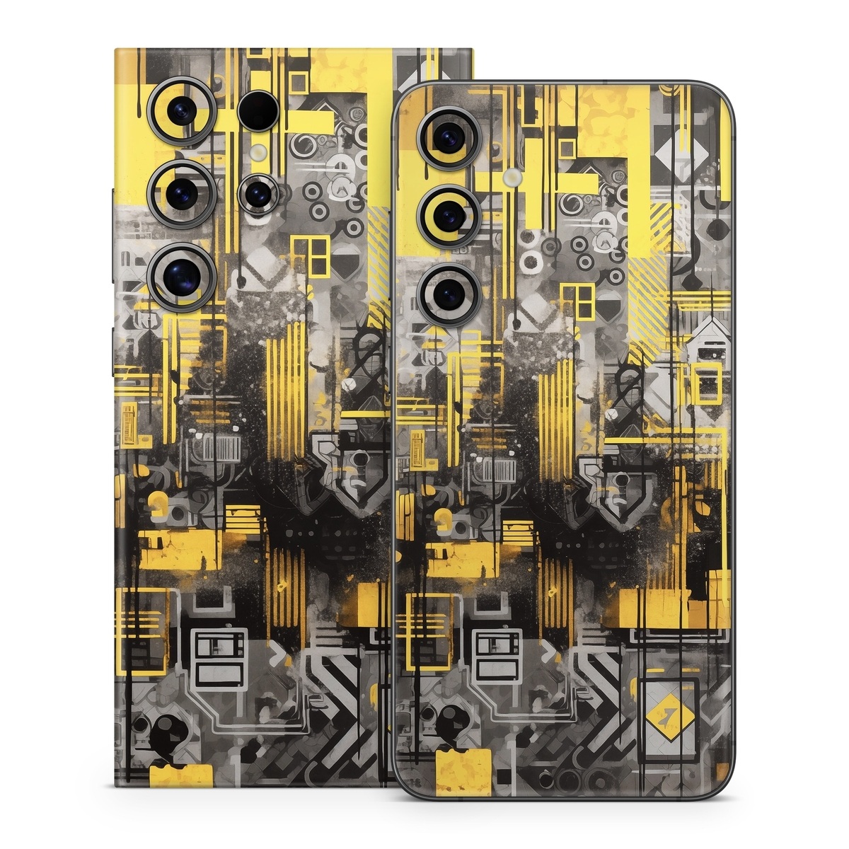 Samsung Galaxy S24 Series Skin design of Rectangle, Yellow, Font, Art, City, Engineering, Tints and shades, Pattern, Symmetry, Space, with black, white, gray, yellow colors