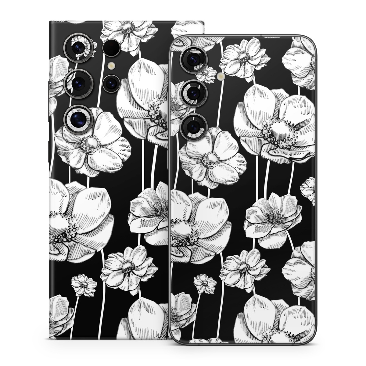 Samsung Galaxy S24 Series Skin design of Flower, Black-and-white, Plant, Botany, Petal, Design, Wildflower, Monochrome photography, Pattern, Monochrome, with black, gray, white colors