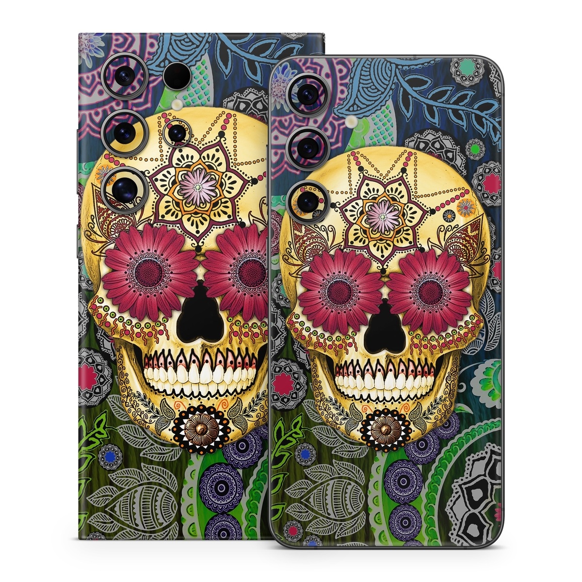 Samsung Galaxy S24 Series Skin design of Skull, Bone, Pattern, Psychedelic art, Visual arts, Design, Illustration, Art, Textile, Plant, with black, red, gray, green, blue colors