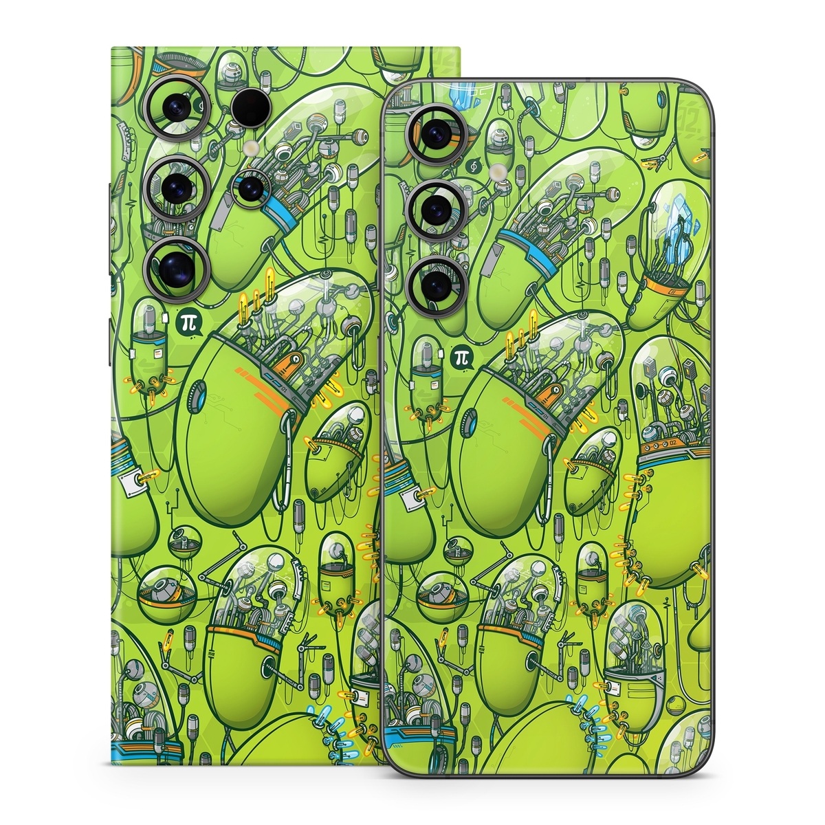Samsung Galaxy S24 Series Skin design of Green, Pattern, Yellow, Design, Illustration, Plant, Art, Graphic design, Urban design, with green, blue, gray, yellow, orange colors