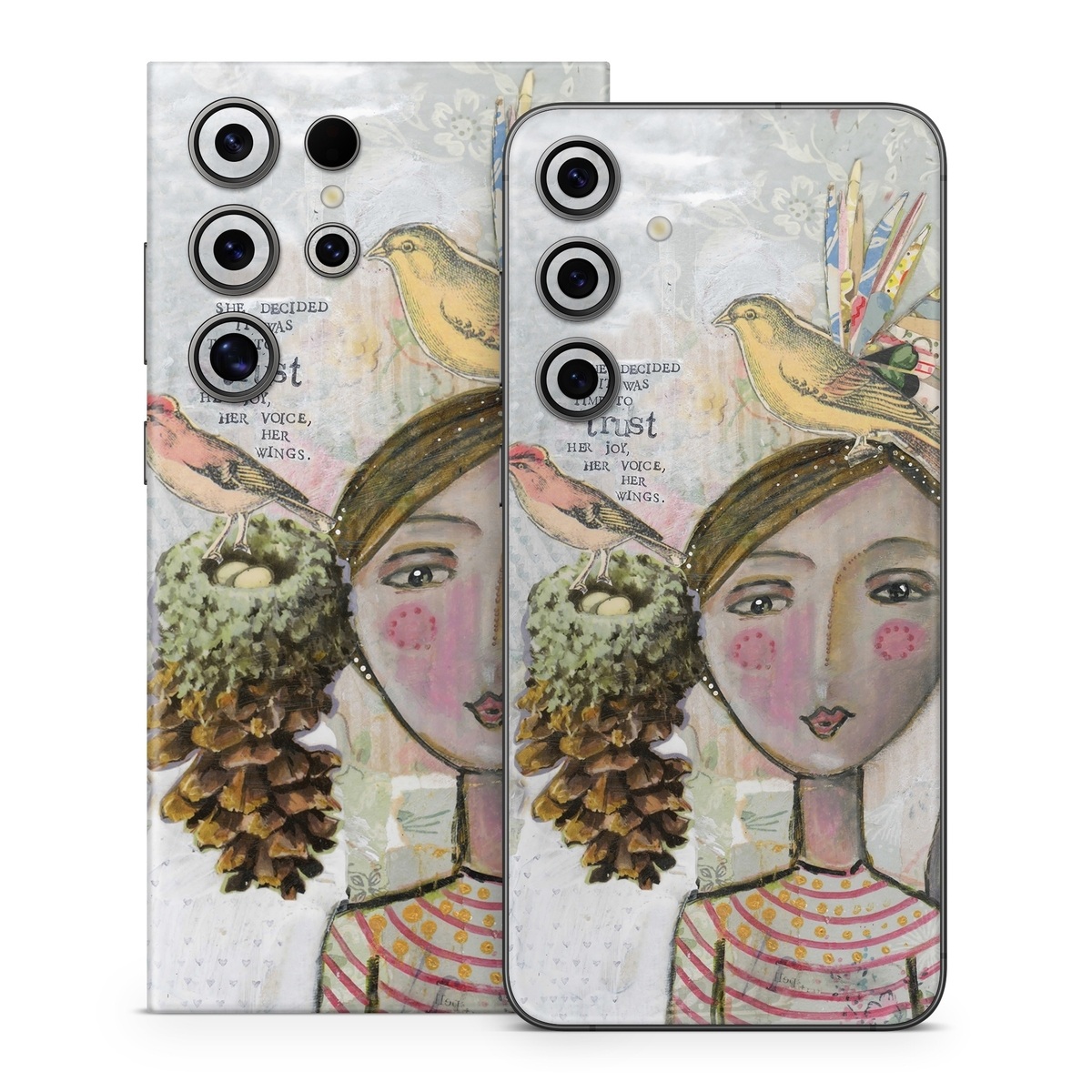 Samsung Galaxy S24 Series Skin design of Watercolor paint, Illustration, Art, Painting, Child art, Fictional character, Visual arts, Fashion illustration, Feather, Drawing, with gray, brown, pink, yellow, red, green, blue colors