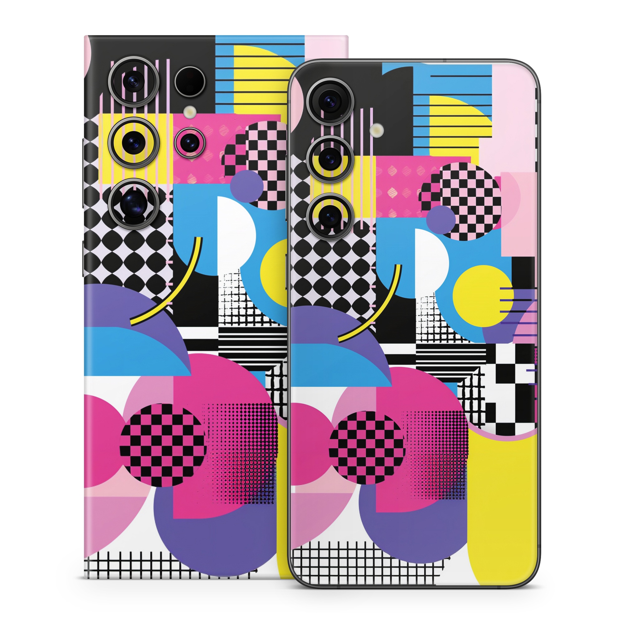 Samsung Galaxy S24 Series Skin design of Rectangle, Textile, Art, Font, Line, Material property, Magenta, Pattern, Circle, Tints and shades, with pink, yellow, white, black, purple, blue colors