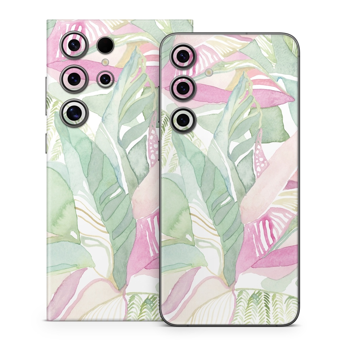 Samsung Galaxy S24 Series Skin design of Pink, Leaf, Botany, Pattern, Plant, Flower, Illustration, with white, green, pink, orange colors