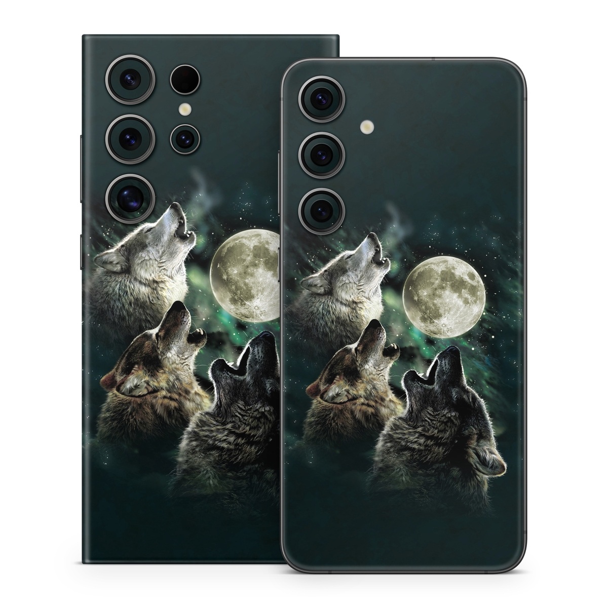 Samsung Galaxy S24 Series Skin design of Wolf, Light, Astronomical object, Moon, Wildlife, Organism, Moonlight, Sky, Atmosphere, Celestial event, with black, gray, green colors