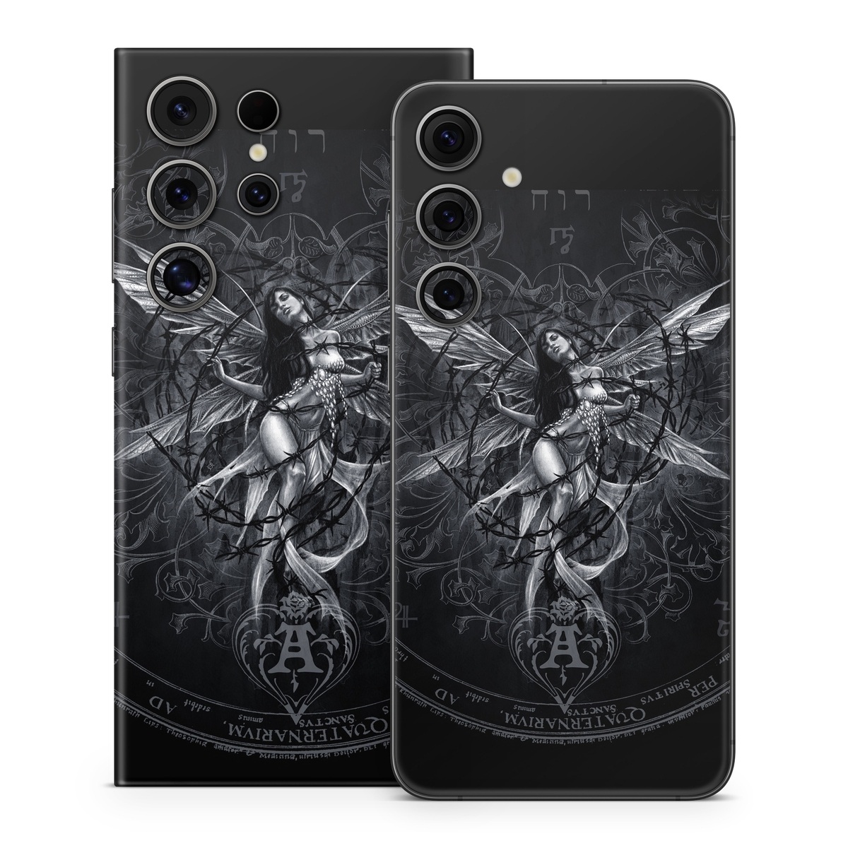 Samsung Galaxy S24 Series Skin design of Illustration, Graphic design, Darkness, Fictional character, Black-and-white, Pattern, Graphics, Mythical creature, Circle, Wing, with black, white colors