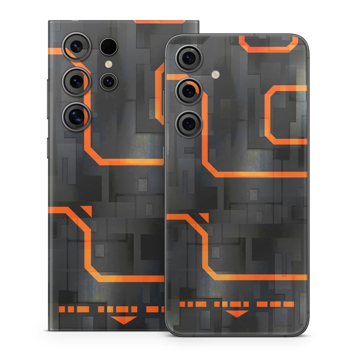 Samsung Galaxy S24 Series Skin design of Orange, Font, Parallel, Pattern, Graphics, Rectangle, Logo, Brand, Graphic design, Event, with black, orange colors