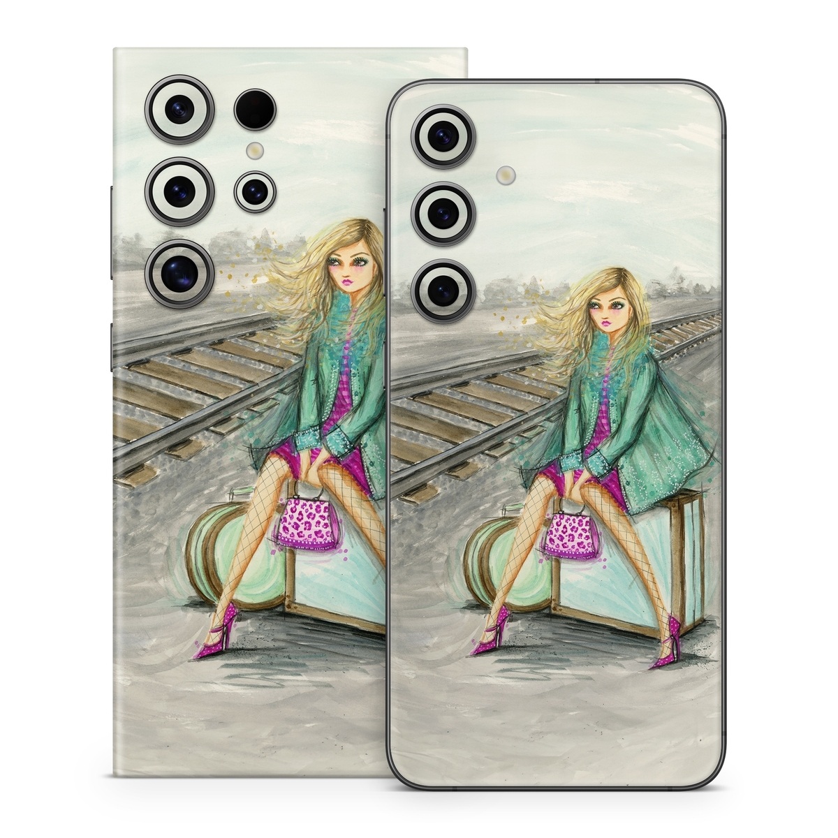 Samsung Galaxy S24 Series Skin design of Fashion illustration, Pink, Illustration, Fashion, Watercolor paint, Art, Magenta, Fashion design, Sitting, Drawing, with gray, green, pink, white, yellow, purple, blue colors