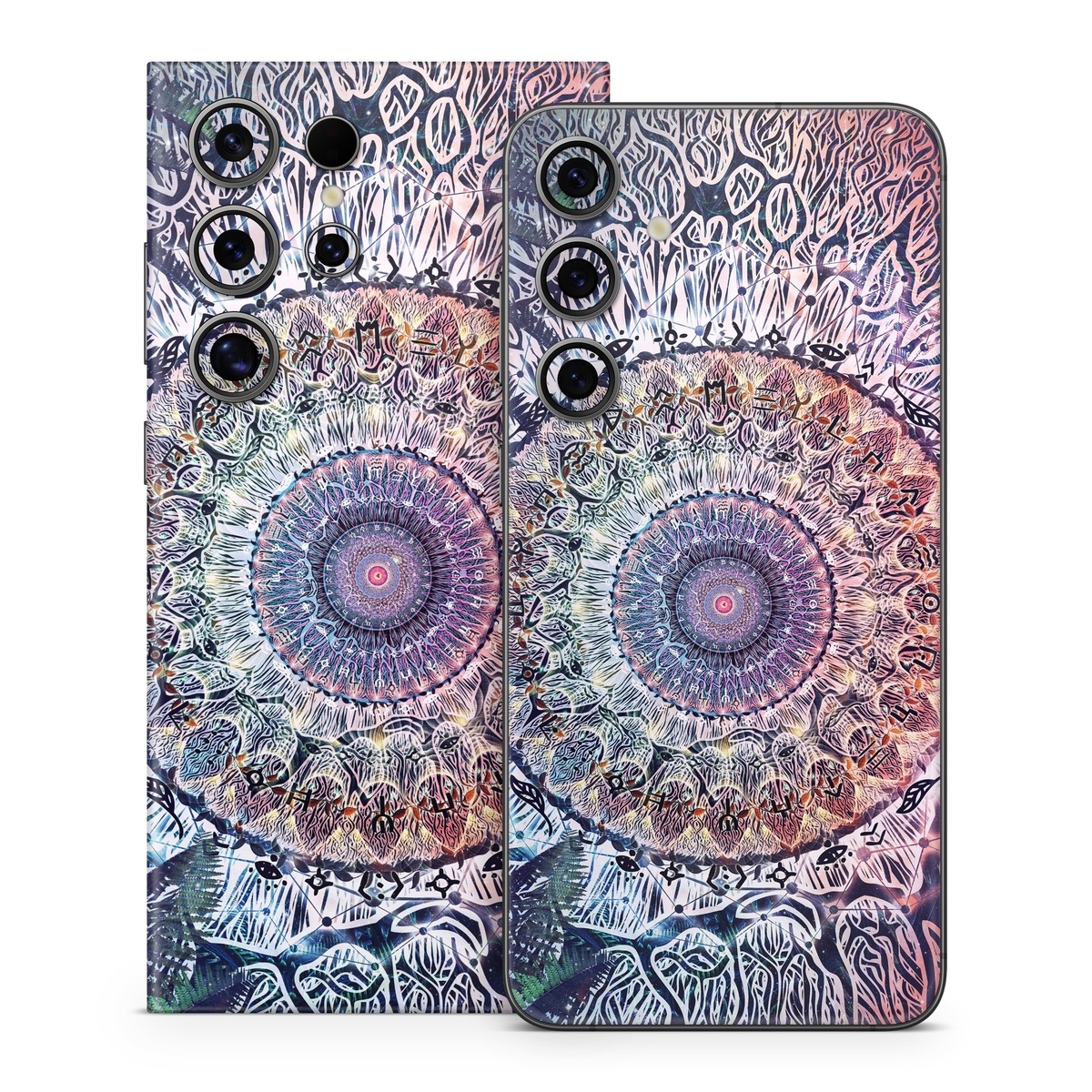 Samsung Galaxy S24 Series Skin design of Tapestry, Pattern, Art, Close-up, Circle, Fractal art, Textile, Eye, Design, Kaleidoscope, with blue, red, yellow, purple, green colors