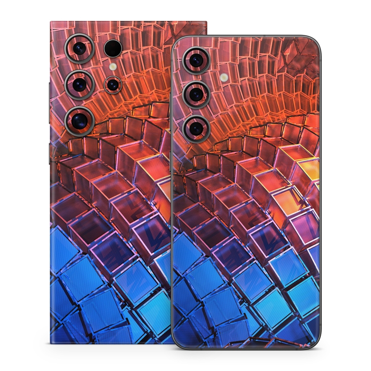 Samsung Galaxy S24 Series Skin design of Blue, Red, Orange, Light, Pattern, Architecture, Design, Fractal art, Colorfulness, Psychedelic art, with black, red, blue, purple, gray colors