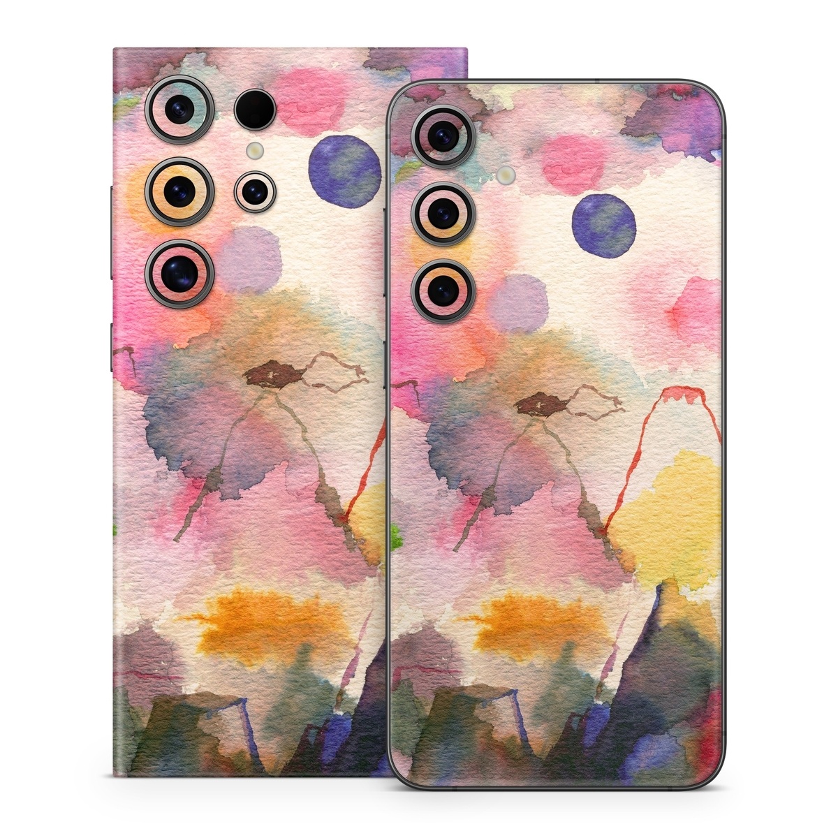 Samsung Galaxy S24 Series Skin design of Watercolor paint, Flower, Textile, Painting, Art, Plant, Pattern, Visual arts, Floral design, Paint, with white, pink, red, yellow, green, blue, black, orange colors