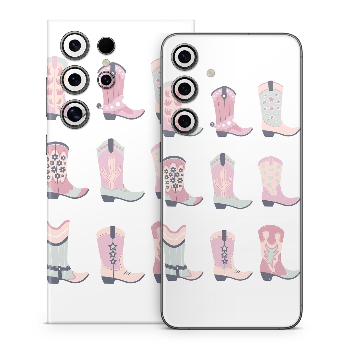 Samsung Galaxy S24 Series Skin design of Footwear, Shoe, White, Durango boot, Product, Fashion, Textile, Pink, Font, Red, with pink, white, blue, brown colors