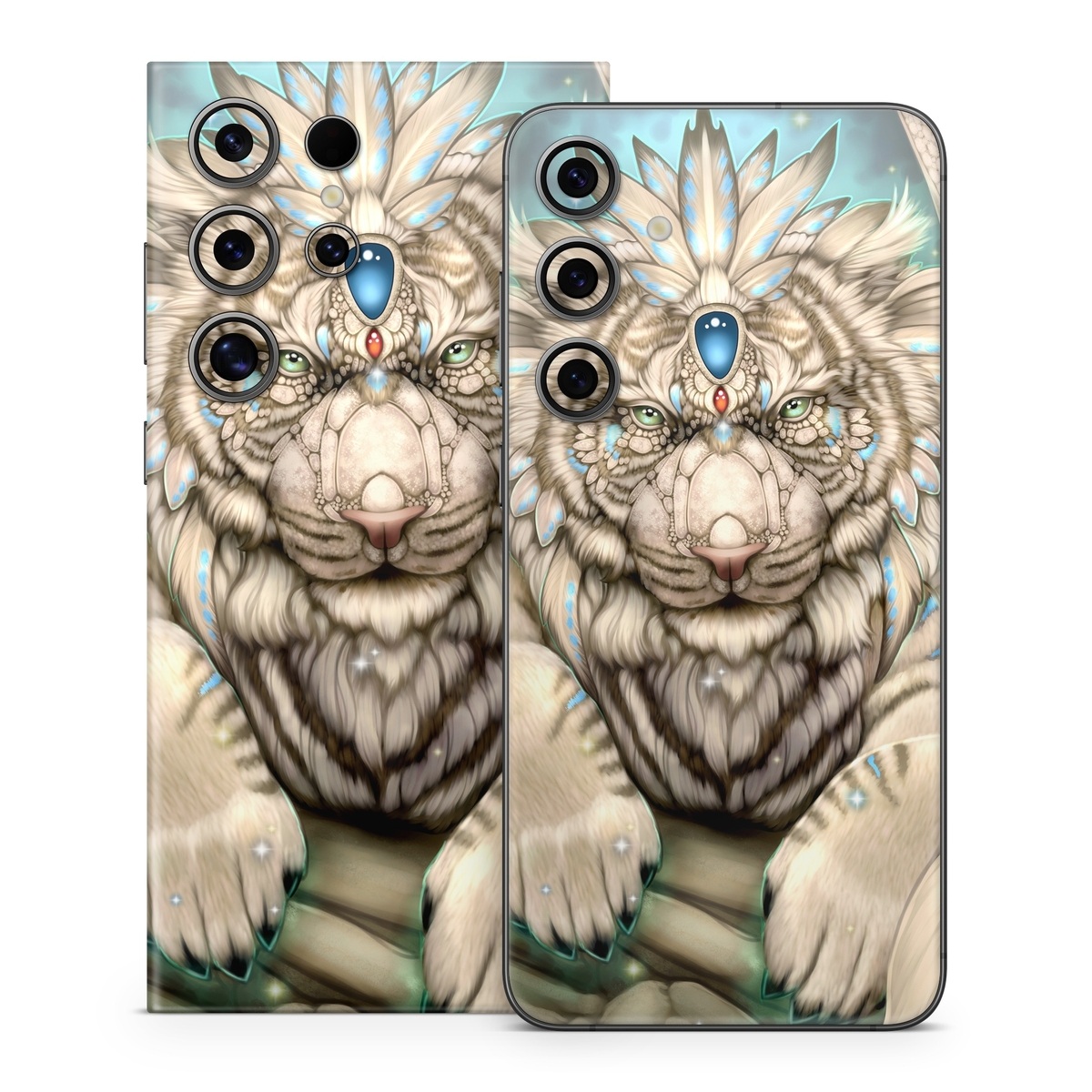 Samsung Galaxy S24 Series Skin design of Mythical creature, Sleeve, Textile, Gesture, Felidae, Tattoo, Big cats, Font, Temporary tattoo, Painting, with white, blue, black, gray colors