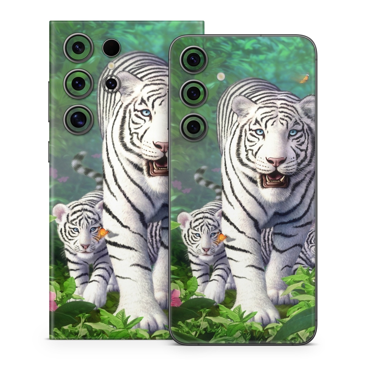 Samsung Galaxy S24 Series Skin design of Plant, Eye, Plant community, Vertebrate, Felidae, Leaf, Botany, Carnivore, Organism, Terrestrial plant, with white, black, blue, green, pink, yellow colors