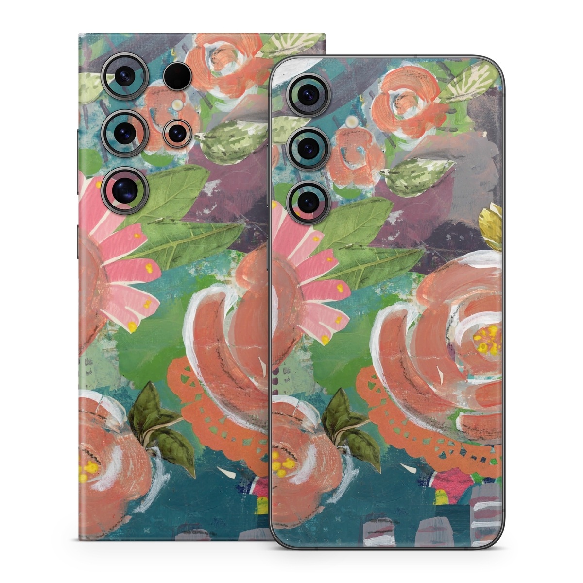 Samsung Galaxy S24 Series Skin design of Painting, Watercolor paint, Still life, Child art, Art, Illustration, Acrylic paint, Flower, Visual arts, Textile, with green, pink, red, yellow, blue, white, black, gray colors