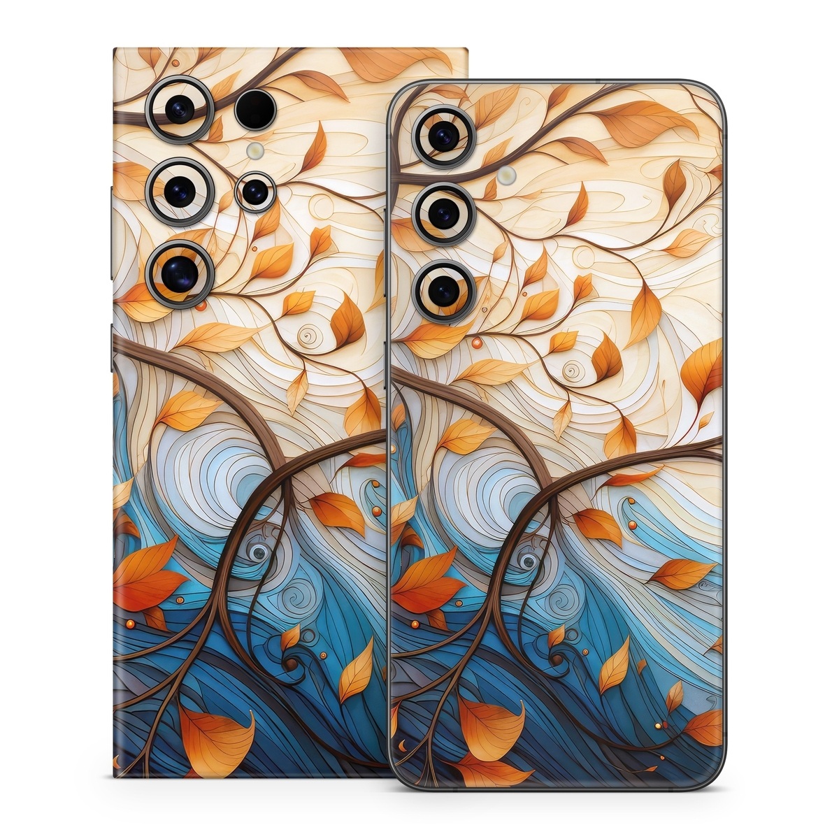 Samsung Galaxy S24 Series Skin design of Dishware, Orange, Textile, Sleeve, Serveware, Petal, Pattern, Porcelain, Electric blue, Art, with yellow, orange, red, white, blue, brown colors