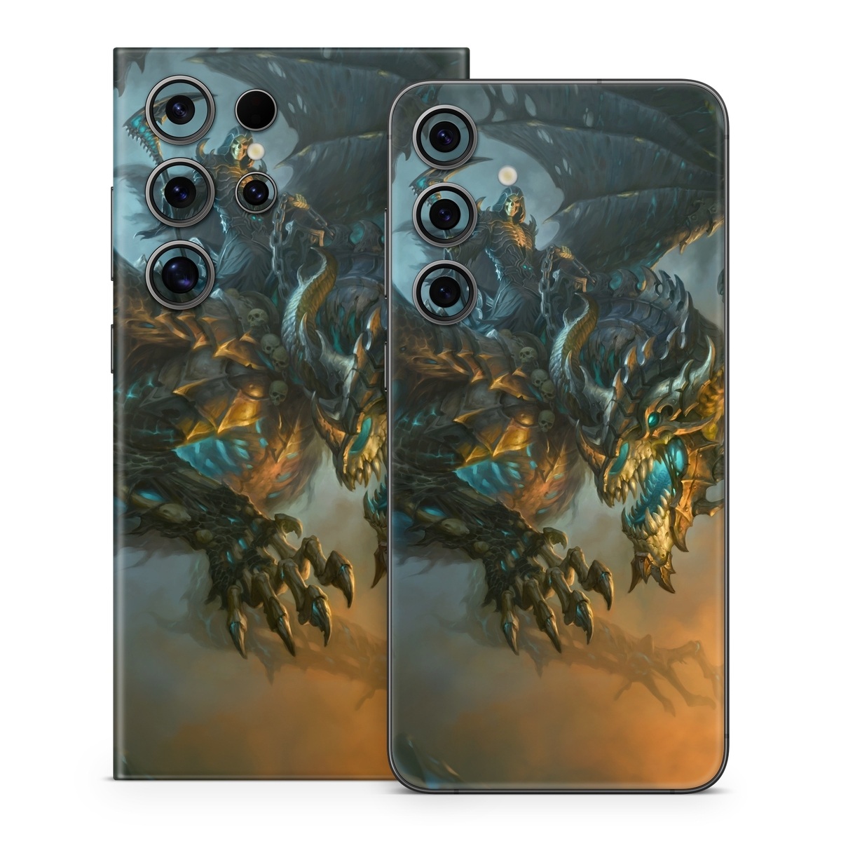 Samsung Galaxy S24 Series Skin design of Dragon, Cg artwork, Fictional character, Mythical creature, Demon, Mythology, Illustration, Cryptid, Art, with orange, yellow, black, brown, blue, white colors