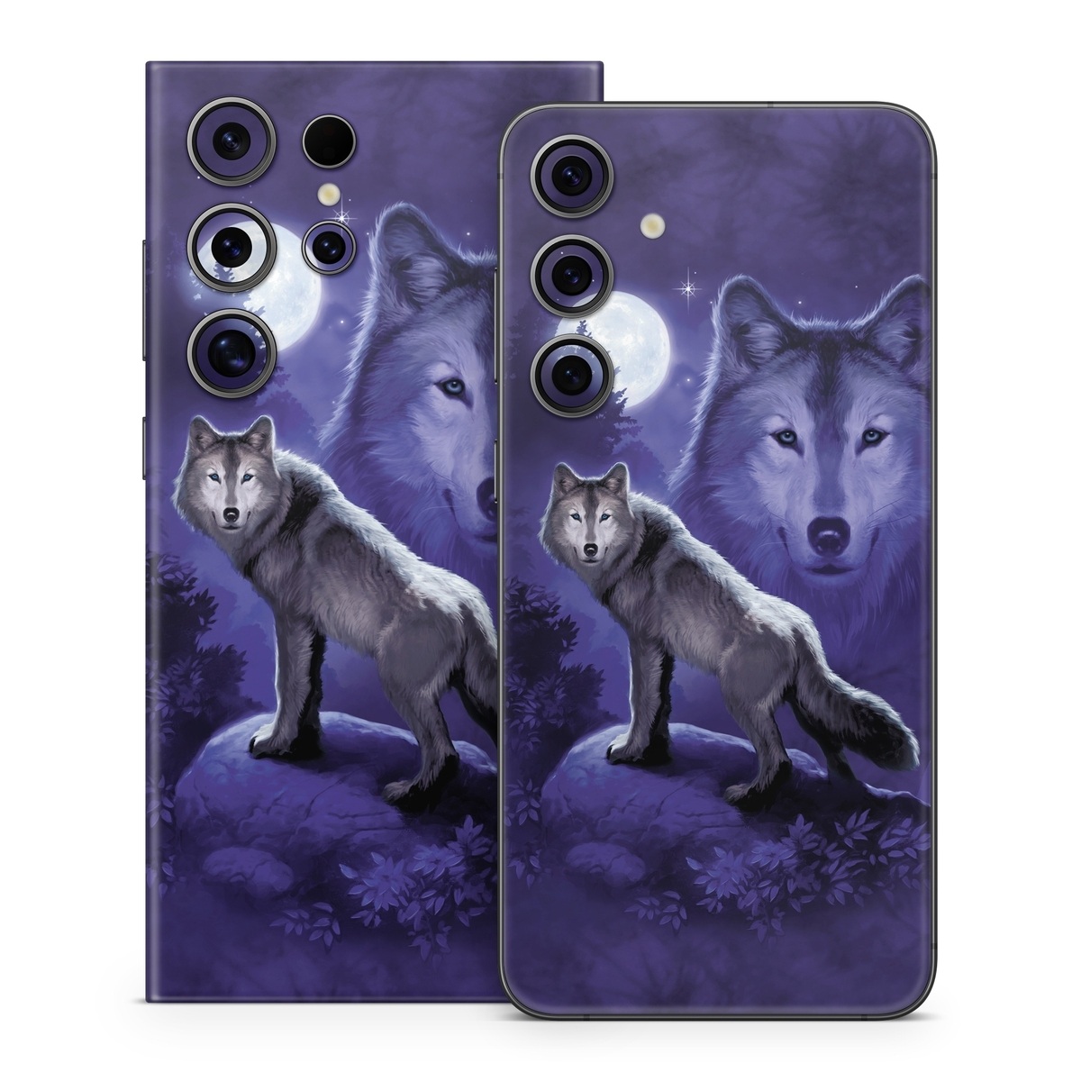 Samsung Galaxy S24 Series Skin design of Wolf, Canidae, canis lupus tundrarum, Canis, Wolfdog, Dog, Native american indian dog, Wildlife, Sakhalin husky, Moonlight, with blue, black, gray colors