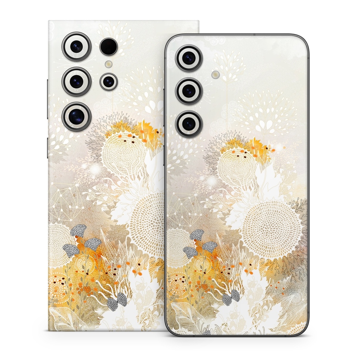 Samsung Galaxy S24 Series Skin design of Pattern, Floral design, Flower, Plant, Illustration, camomile, Wildflower, Art, with gray, yellow, pink, white, green colors