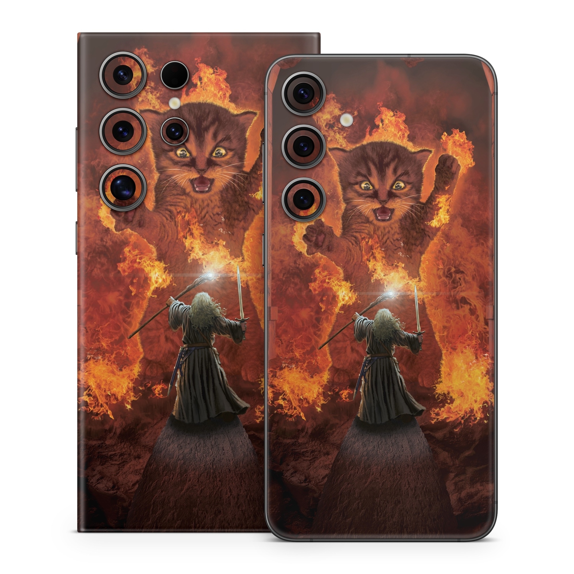 Samsung Galaxy S24 Series Skin design of Cartoon, Art, Carnivore, Cg artwork, Felidae, Supernatural creature, Big cats, Heat, Fictional character, Darkness, with black, red, white, gray, yellow colors