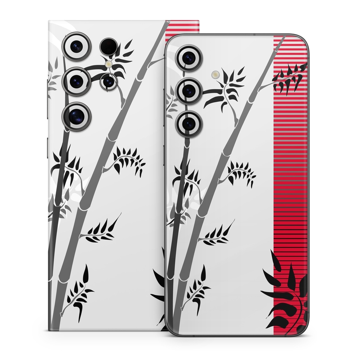 Samsung Galaxy S24 Series Skin design of Botany, Plant, Branch, Plant stem, Tree, Bamboo, Pedicel, Black-and-white, Flower, Twig, with gray, red, black, white colors