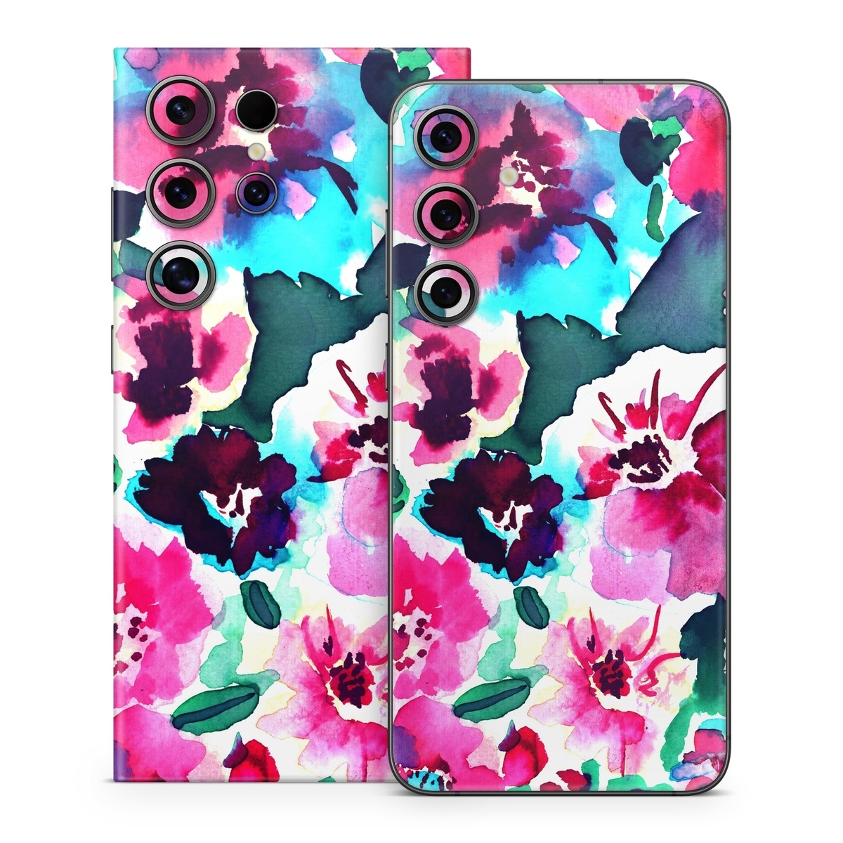 Samsung Galaxy S24 Series Skin design of Flower, Pink, Petal, Plant, Pattern, Hawaiian hibiscus, Design, Magenta, Flowering plant, Watercolor paint, with white, pink, blue, green, red colors