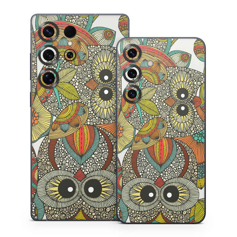 Samsung Galaxy S25 Series Skin design of Owl, Pattern, Visual arts, Art, Design, Textile, Illustration, Motif, Bird, with white, green, orange, yellow, blue, red colors