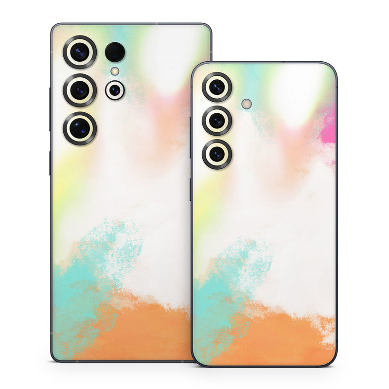 Samsung Galaxy S25 Series Skin design of Sky, Yellow, Orange, Pink, Art, Illustration, Visual Arts, Pattern, Colorfulness, Watercolor Paint, with white, pink, orange, yellow, blue, brown colors