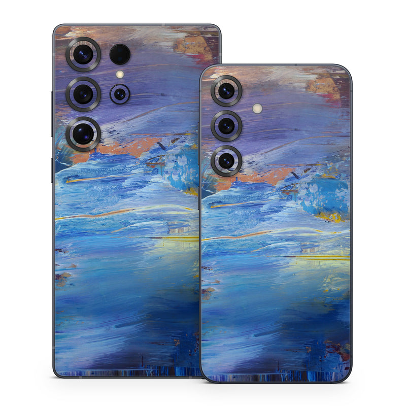 Samsung Galaxy S25 Series Skin design of Painting, Blue, Modern art, Acrylic paint, Sky, Watercolor paint, Art, Visual arts, Paint, Electric blue, with blue, purple, yellow, brown, orange, black colors