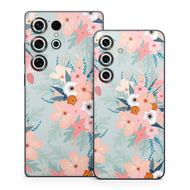 Samsung Galaxy S25 Series Skin design of Pattern, Aqua, Wrapping paper, Textile, Design, Floral design, Wildflower, Plant, Pedicel, Blossom, with pink, red, blue, white colors