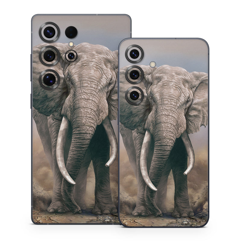 Samsung Galaxy S25 Series Skin design of Elephants and Mammoths, Terrestrial animal, Indian elephant, African elephant, Wildlife, Tusk, Snout, Organism, Working animal, Illustration, with brown, gray, white colors