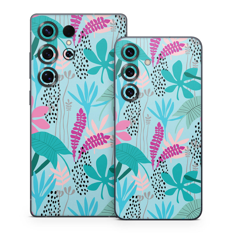 Samsung Galaxy S25 Series Skin design of White, Leaf, Botany, Green, Textile, Branch, Organism, Plant, Font, Pink, with blue, green, pink, purple, black, gray colors