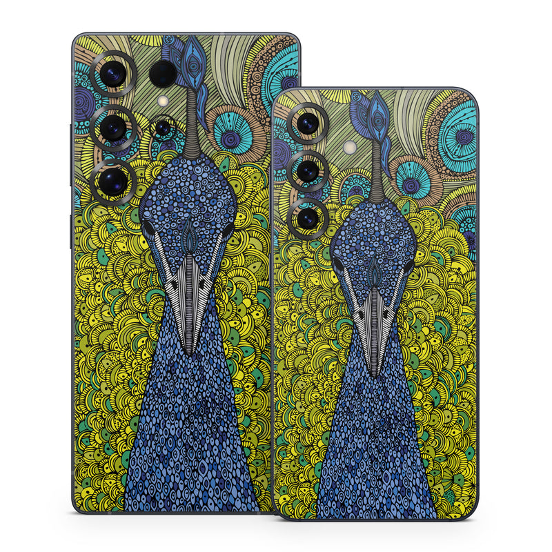Samsung Galaxy S25 Series Skin design of Peafowl, Bird, Feather, Pattern, Art, Phasianidae, Galliformes, Design, Psychedelic art, Symmetry, with green, blue, yellow colors