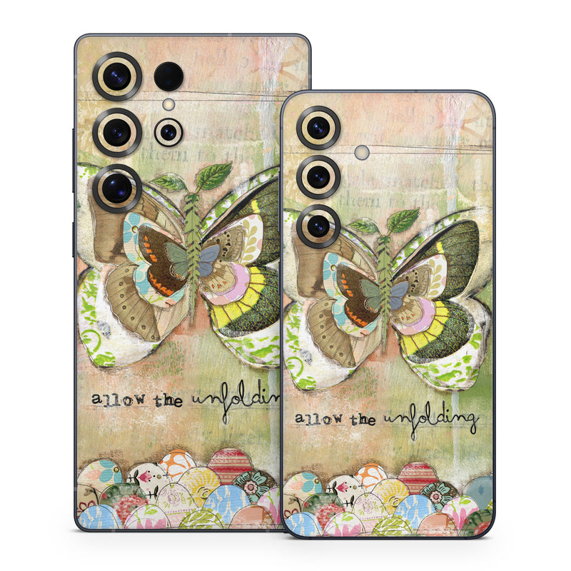 Samsung Galaxy S25 Series Skin design of Butterfly, Art, Fictional character, Pollinator, Moths and butterflies, Watercolor paint, Illustration, with green, brown, yellow, blue, pink, red colors