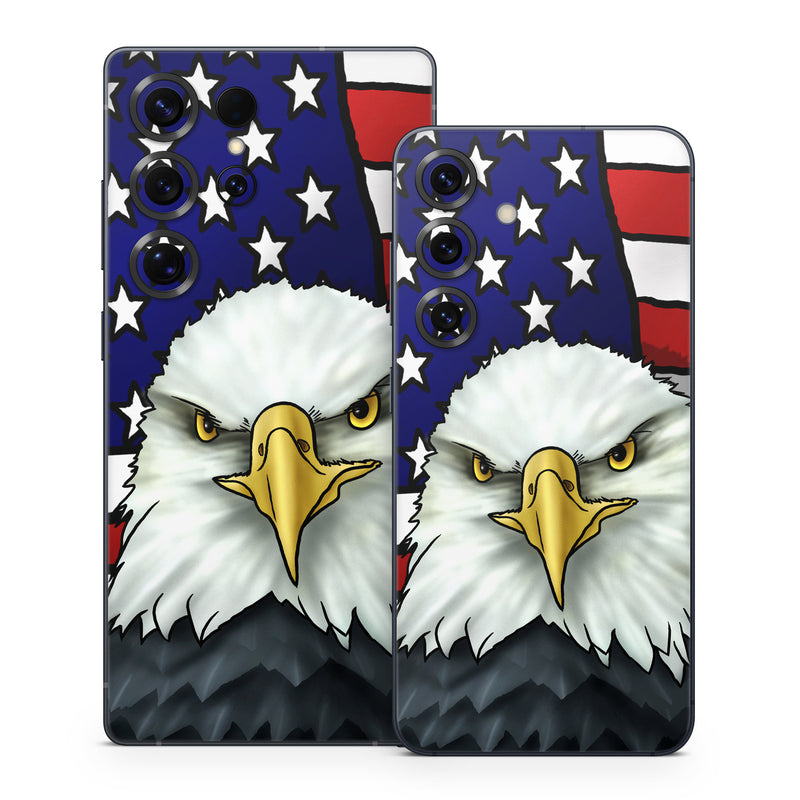 Samsung Galaxy S25 Series Skin design of Bald eagle, Eagle, Bird, Bird of prey, Accipitridae, Beak, Accipitriformes, Sea eagle, Flag, with white, gray, blue, yellow, red colors
