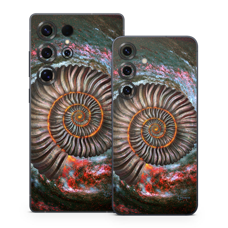 Samsung Galaxy S25 Series Skin design of Spiral, Fractal art, Vortex, Circle, Art, Ammonoidea, with black, brown, red, white, blue, green colors